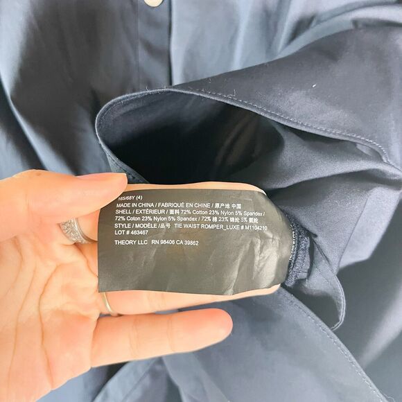 Theory NWOT Stretch Cotton Tie Waist Romper Navy Blue Size 4 - Picture 4 of 6